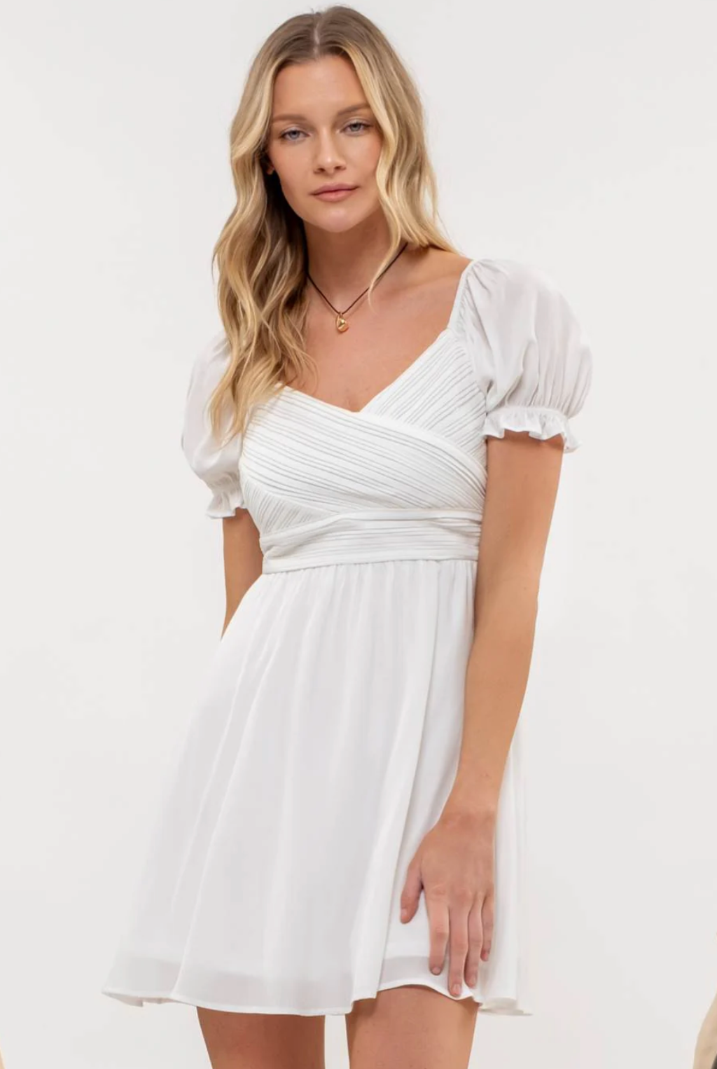 Pleated Puff Sleeve Mini Dress in White