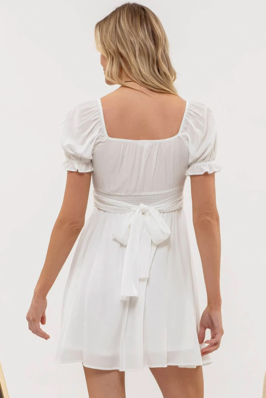 Pleated Puff Sleeve Mini Dress in White - The Street Boutique 