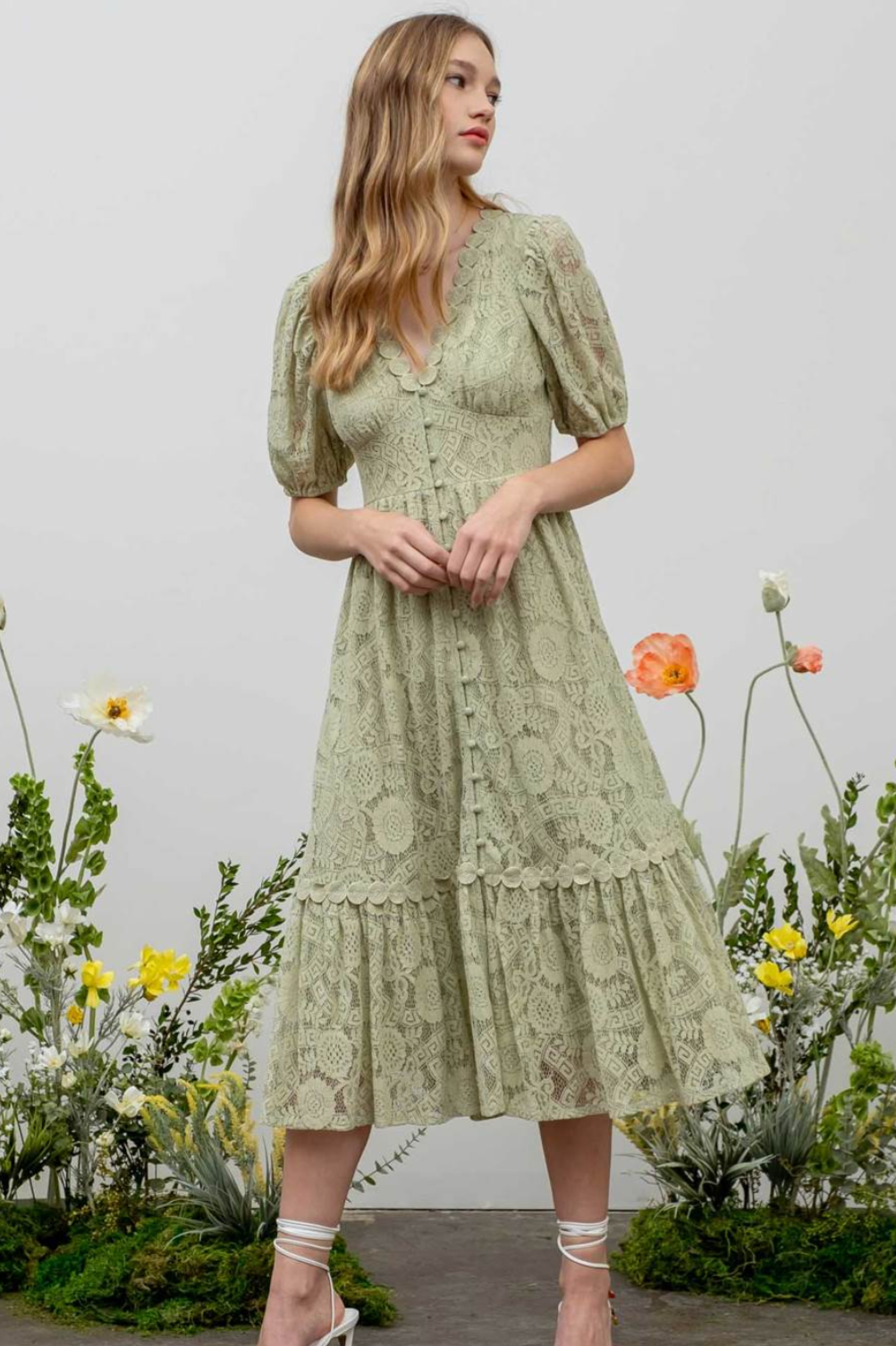 Button Down Lace Midi Dress in Light Sage - The Street Boutique 