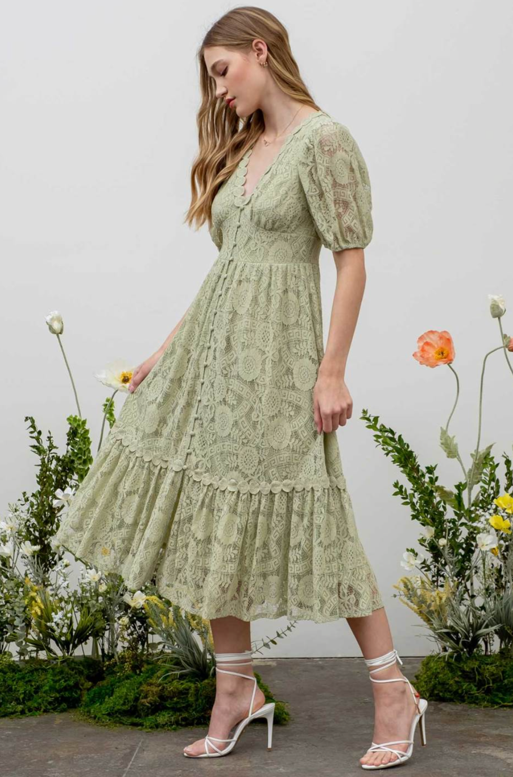 Button Down Lace Midi Dress in Light Sage - The Street Boutique 