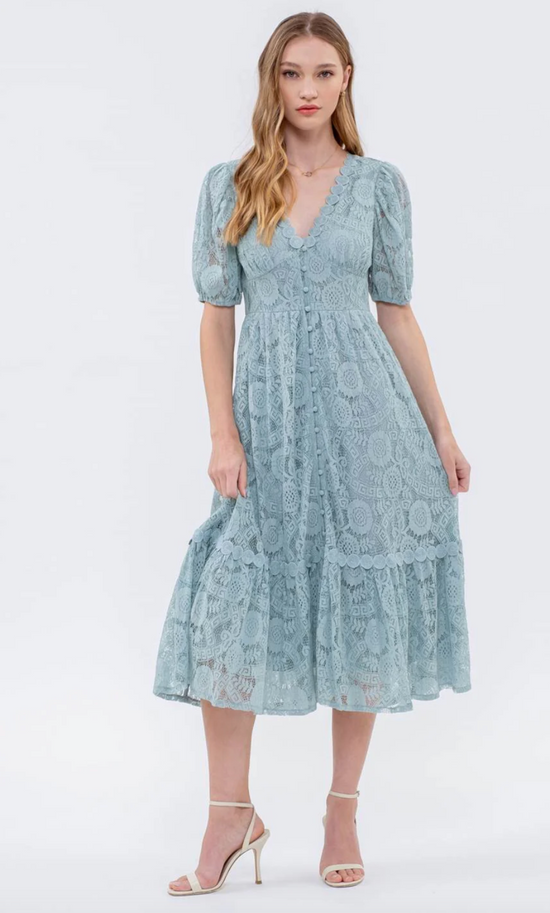 Button Down Lace Midi Dress in Light Teal - The Street Boutique 