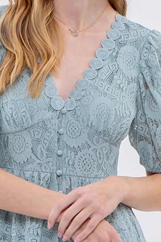 Button Down Lace Midi Dress in Light Teal - The Street Boutique 