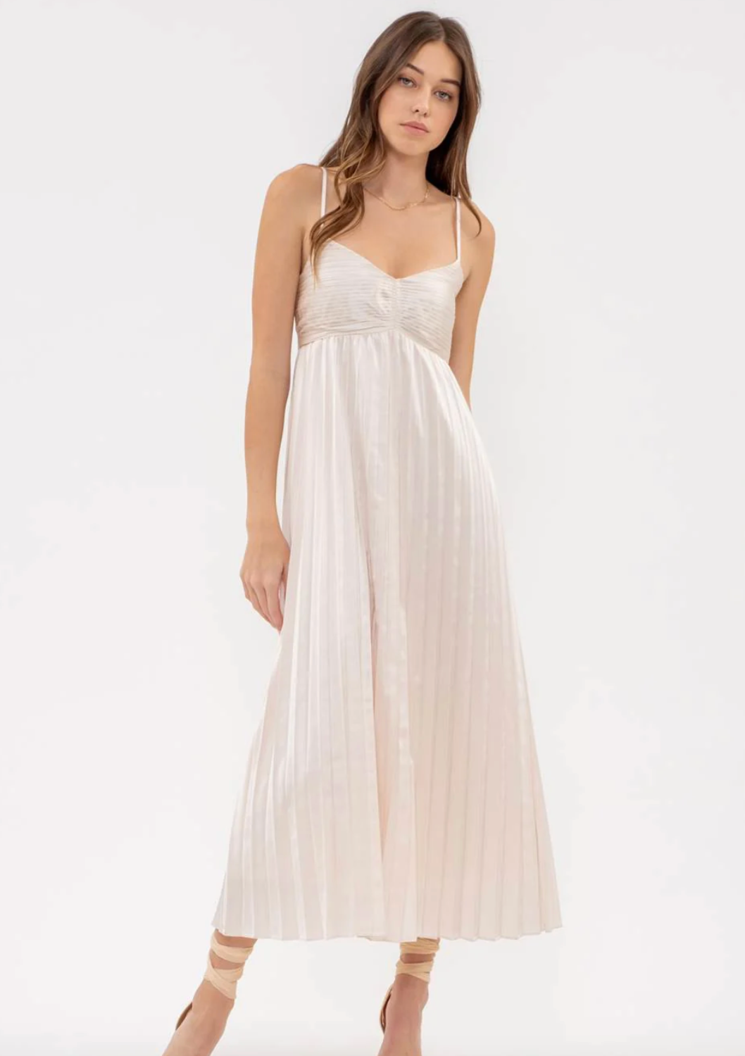 Sleeveless Pleated Midi Dress in Champagne - The Street Boutique 