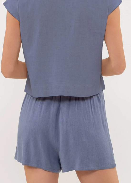 Linen Blend High Waist Shorts in Denim - The Street Boutique 