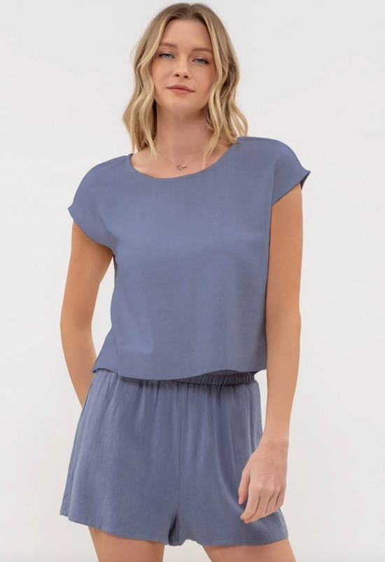 Linen Blend Short Sleeve Top in Denim - The Street Boutique 