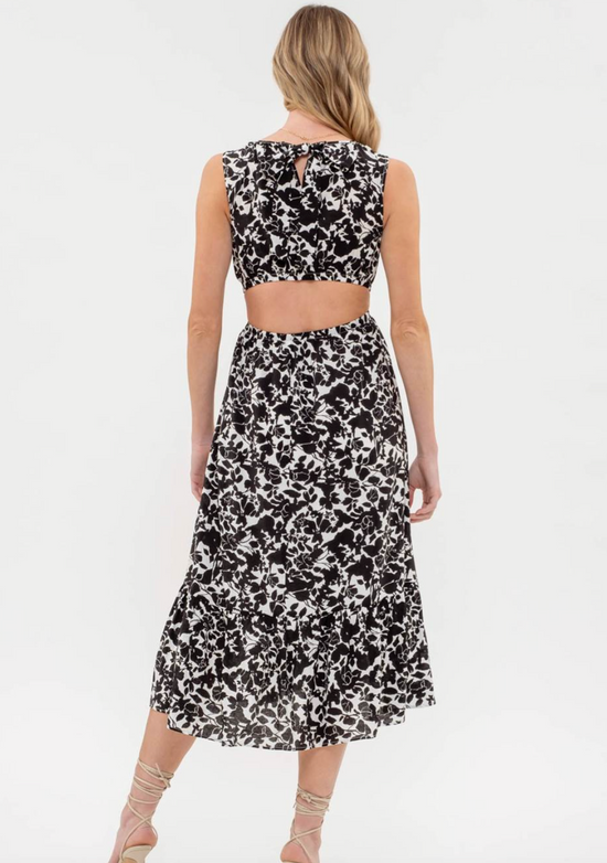 Floral Print Cut Out Midi Dress in Black - The Street Boutique 