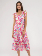 Brush Stroke Print Tiered Midi Dress in Fuchsia - The Street Boutique 