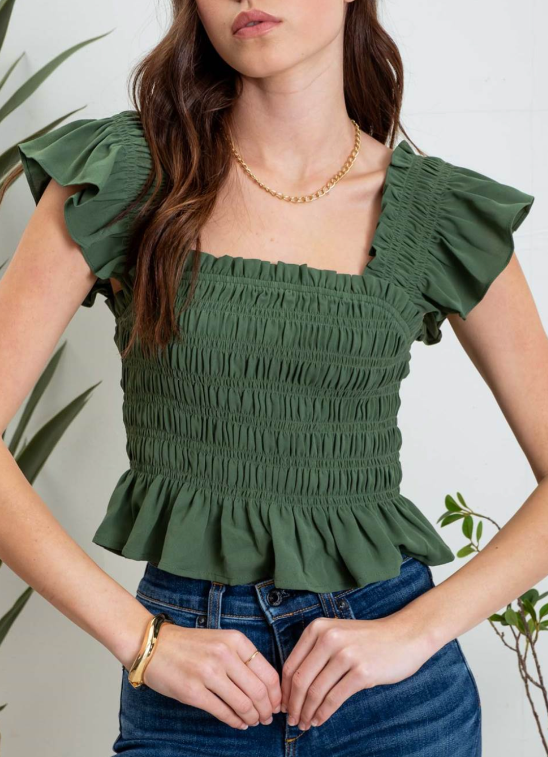 Square Neck Ruffle Crop Top in Dark Olive - The Street Boutique 