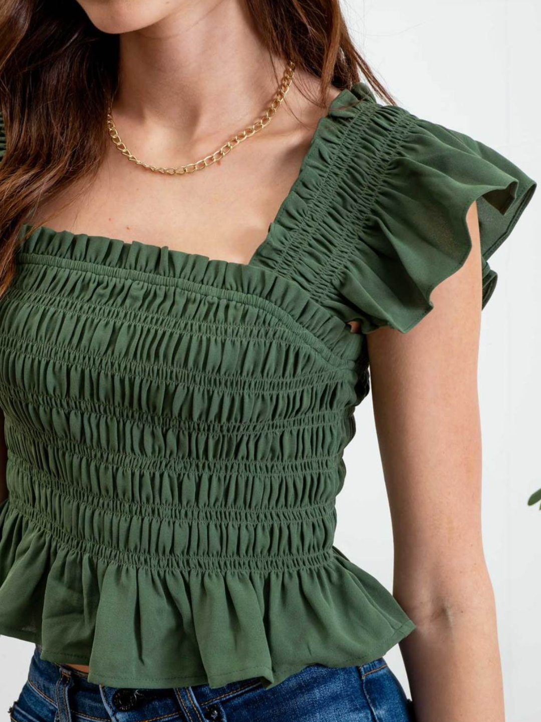 Square Neck Ruffle Crop Top in Dark Olive - The Street Boutique 