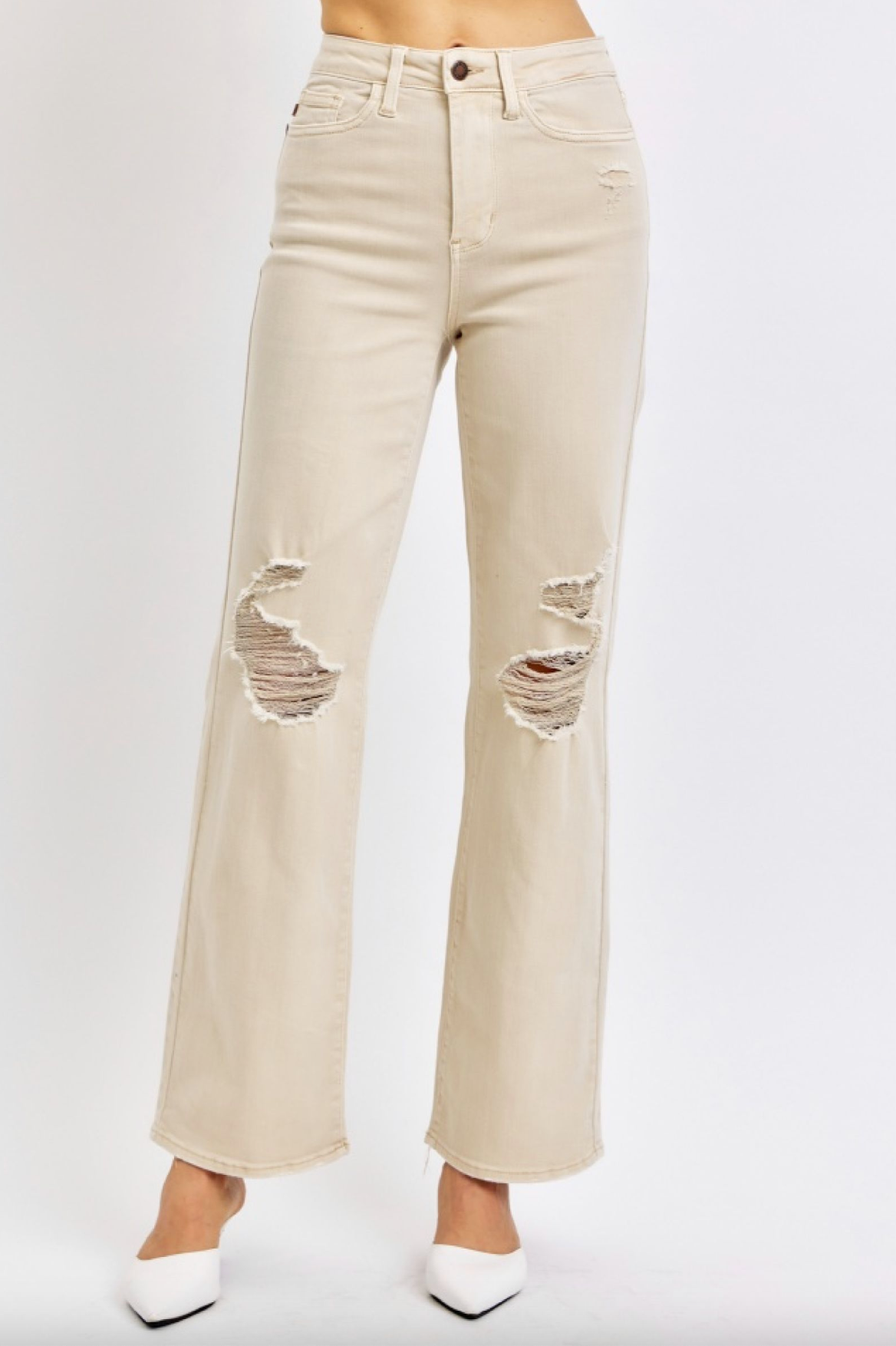 Judy Blue High Waist Bone Distressed 90s Straight Jeans - The Street Boutique 