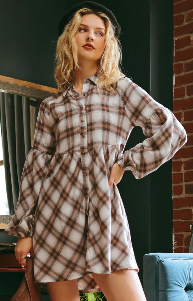 Plaid Babydoll Mini Shirt Dress - The Street Boutique 