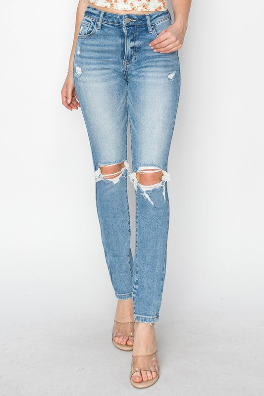 RISEN High Rise Knee Distressed Skinny Jeans in Light - The Street Boutique 