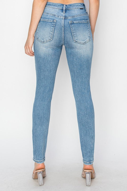 RISEN High Rise Knee Distressed Skinny Jeans in Light - The Street Boutique 