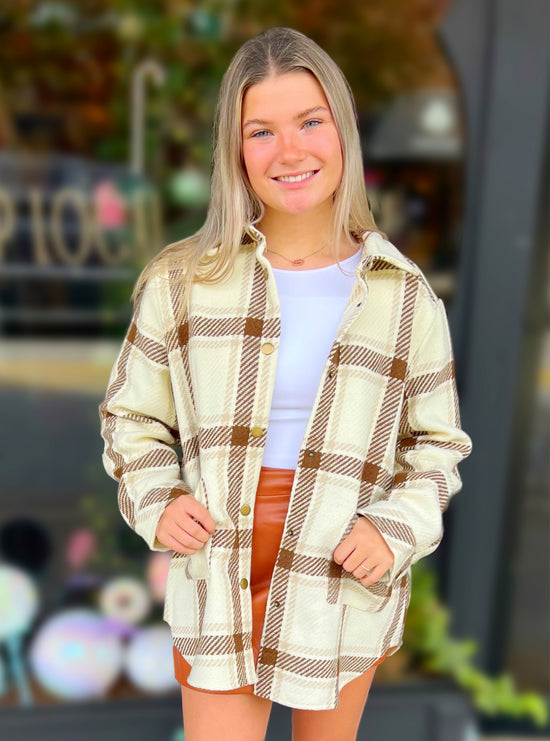 Plaid Snap Button Jacket in Brown - The Street Boutique 