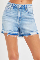 RISEN High Rise Released Distressed Hem Shorts in Light - The Street Boutique 