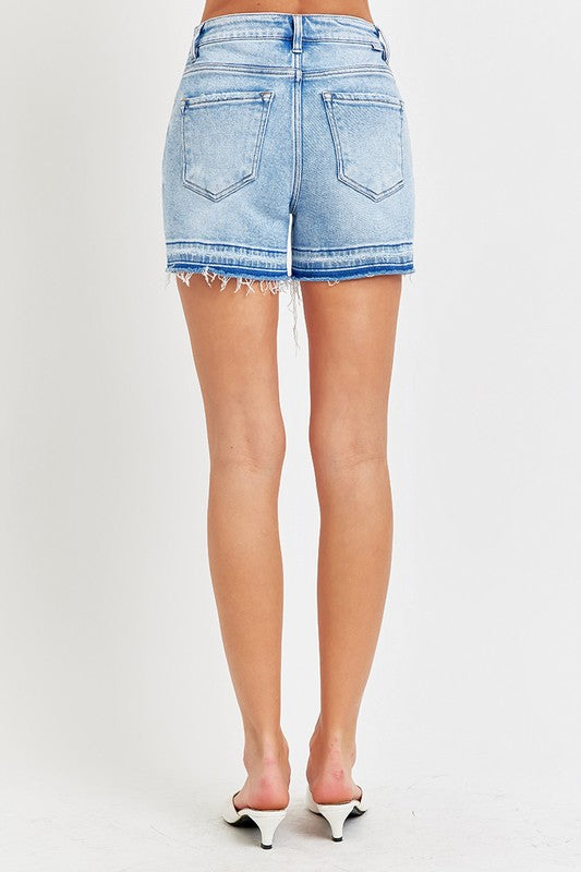 RISEN High Rise Released Distressed Hem Shorts in Light - The Street Boutique 