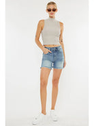 Medium Wash High Rise Waistband Frayed Shorts - The Street Boutique 