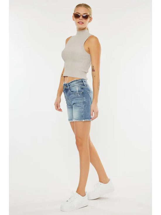 Load image into Gallery viewer, Medium Wash High Rise Waistband Frayed Shorts - The Street Boutique 
