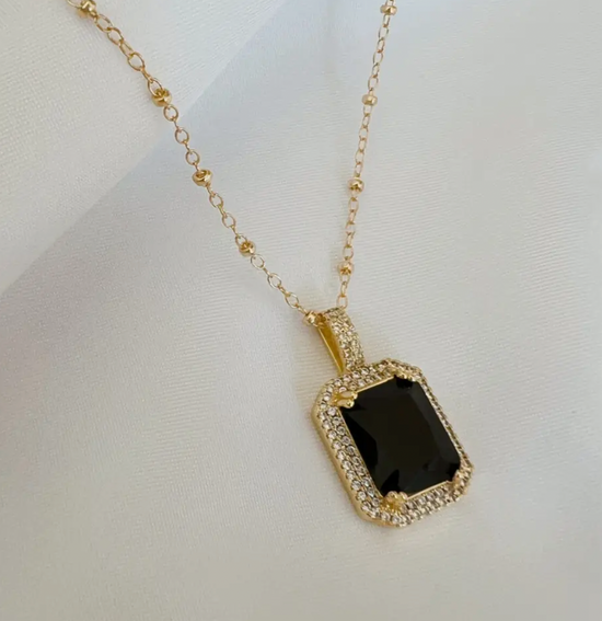Load image into Gallery viewer, Revel Black Crystal Necklace Satellite Chain Gold Filled - The Street Boutique 
